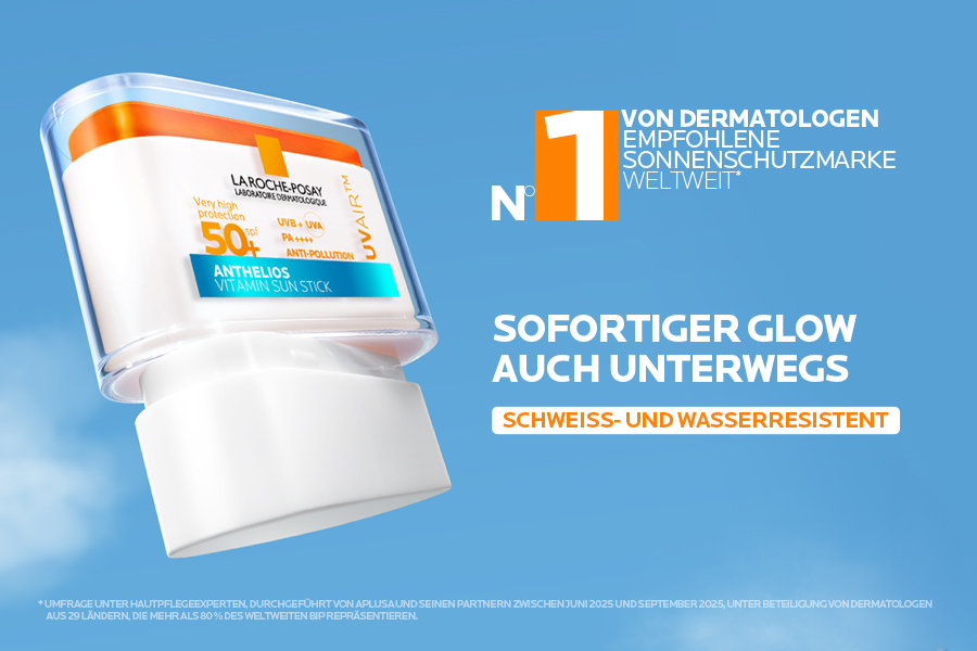 La Roche-Posay Anthelios UV Air Stick LSF 50+ mit Siegel 'Von Dermatologen empfohlen'.